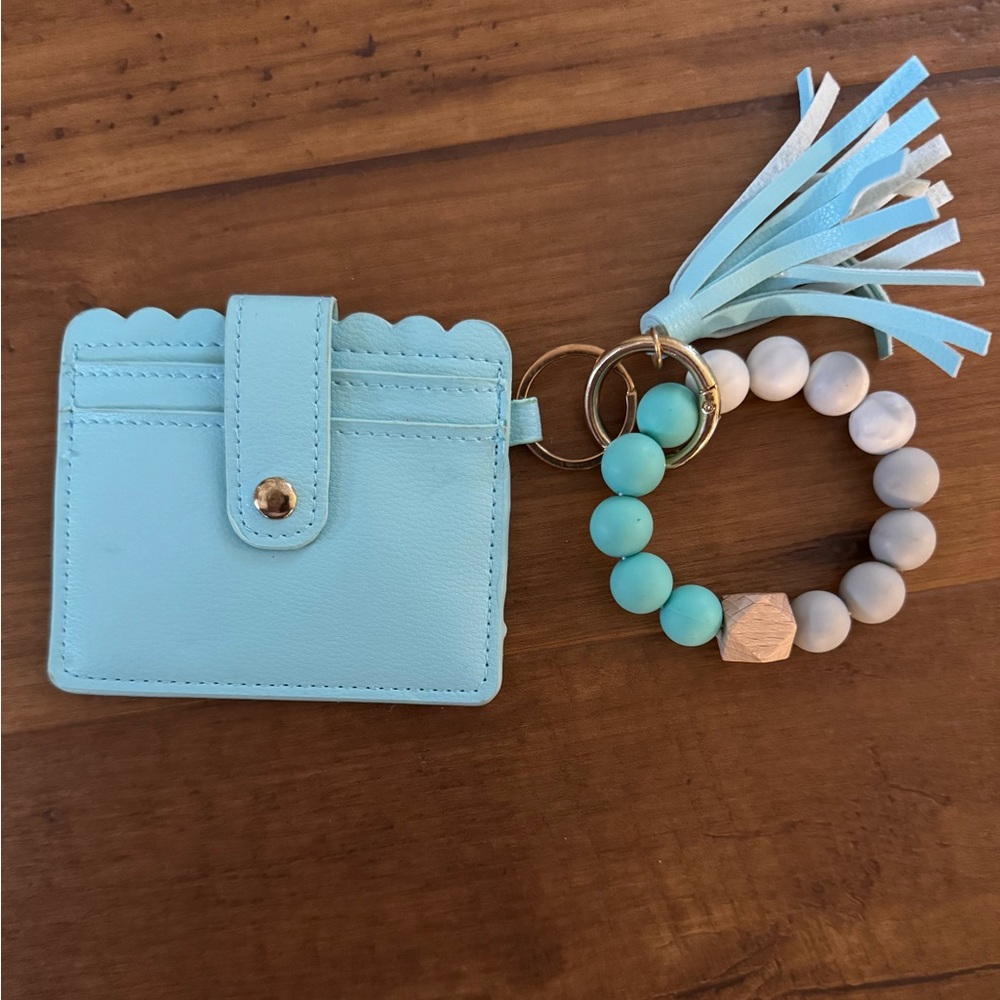 Blue Card Holder with Beaded Keychain